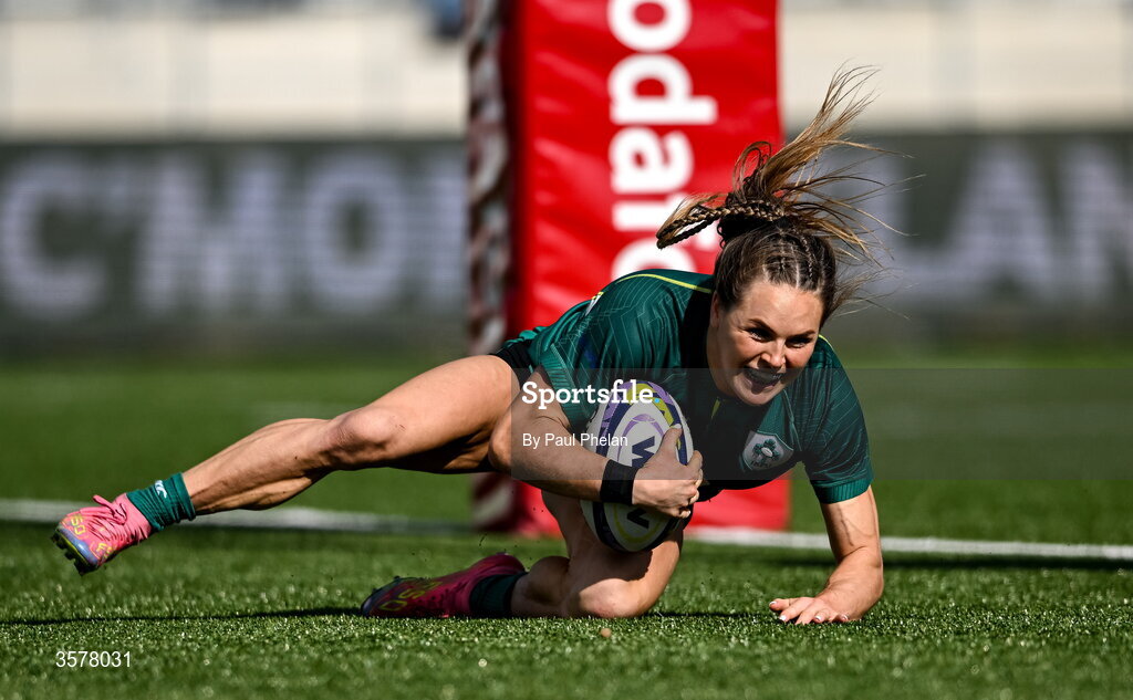 27 September 2026; Béibhinn Parsons of Ireland scores her second and her side's fifth try, becoming Ireland's record try scorer, during the WXV Global Series match between Ireland and Japan at Dexcom Stadium in Galway. Photo by Paul Phelan/Sportsfile