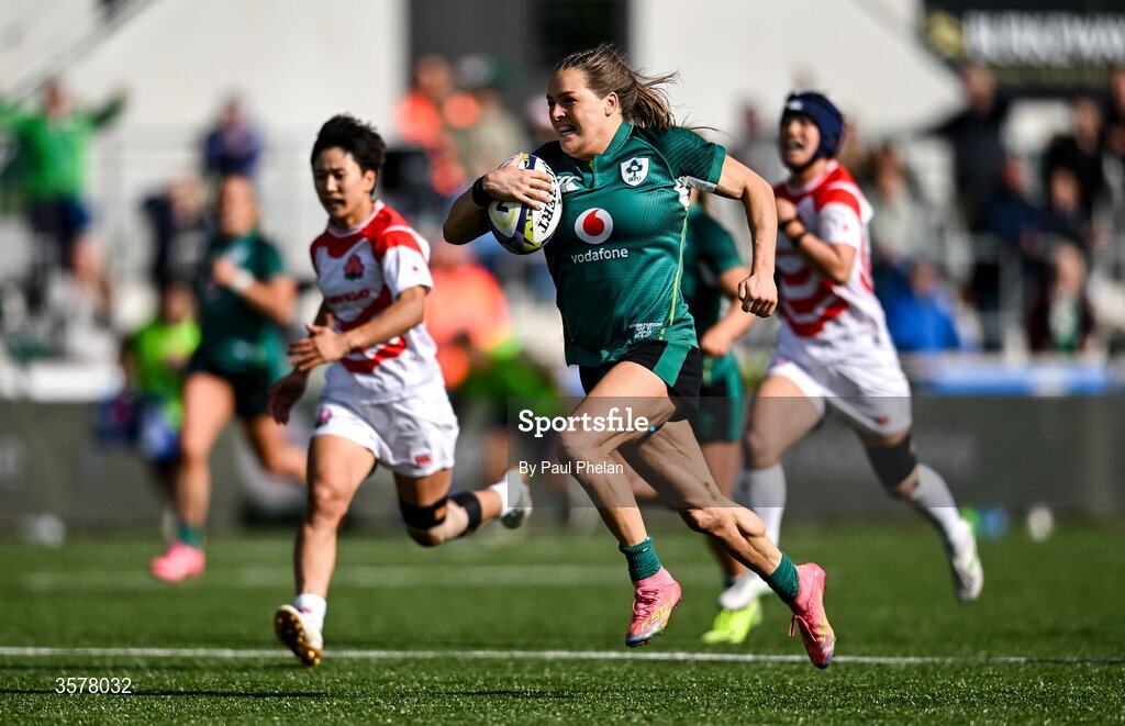27 September 2026; Béibhinn Parsons of Ireland runs in to score her second and her side's fifth try, becoming Ireland's record try scorer, during the WXV Global Series match between Ireland and Japan at Dexcom Stadium in Galway. Photo by Paul Phelan/Sportsfile