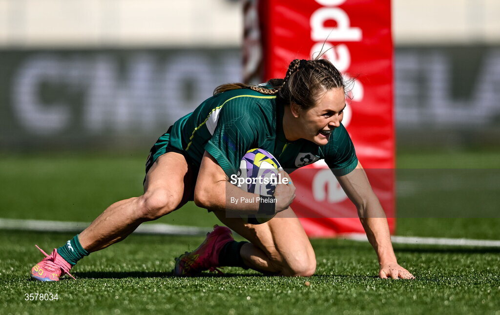 27 September 2026; Béibhinn Parsons of Ireland celebrates after scoring her second and her side's fifth try, becoming Ireland's record try scorer, during the WXV Global Series match between Ireland and Japan at Dexcom Stadium in Galway. Photo by Paul Phelan/Sportsfile