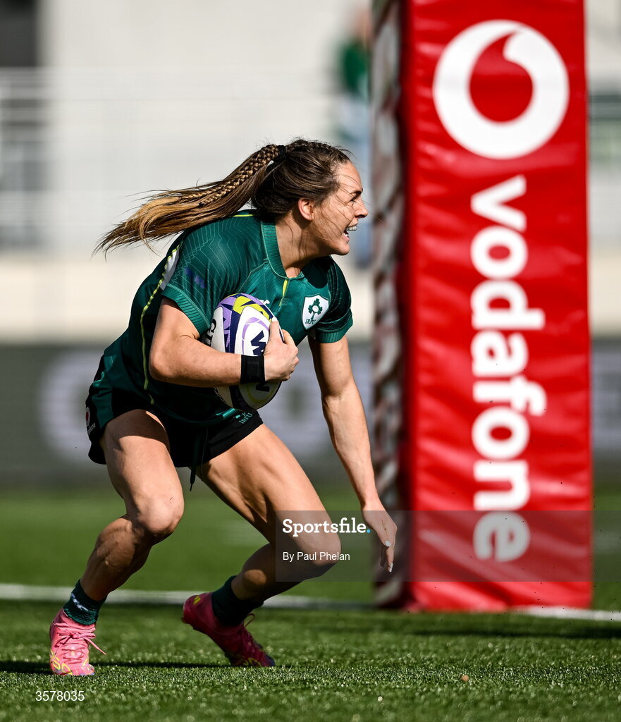 27 September 2026; Béibhinn Parsons of Ireland celebrates after scoring her second and her side's fifth try, becoming Ireland's record try scorer, during the WXV Global Series match between Ireland and Japan at Dexcom Stadium in Galway. Photo by Paul Phelan/Sportsfile