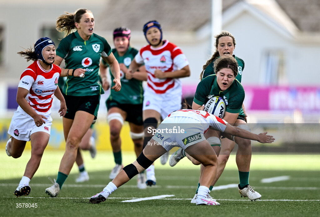 27 September 2026; Jemima Adams Verling of Ireland is tackled by Maiko Nishi of Japan during the WXV Global Series match between Ireland and Japan at Dexcom Stadium in Galway. Photo by Paul Phelan/Sportsfile