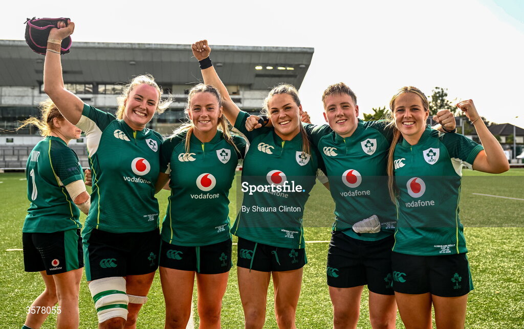 27 September 2026; Ireland players, from left, Fiona Tuite-O'Sullivan, Stacey Flood, Béibhinn Parsons, Beth Buttimer and Aoibheann Reilly celebrate after the WXV Global Series match between Ireland and Japan at Dexcom Stadium in Galway. Photo by Shauna Clinton/Sportsfile