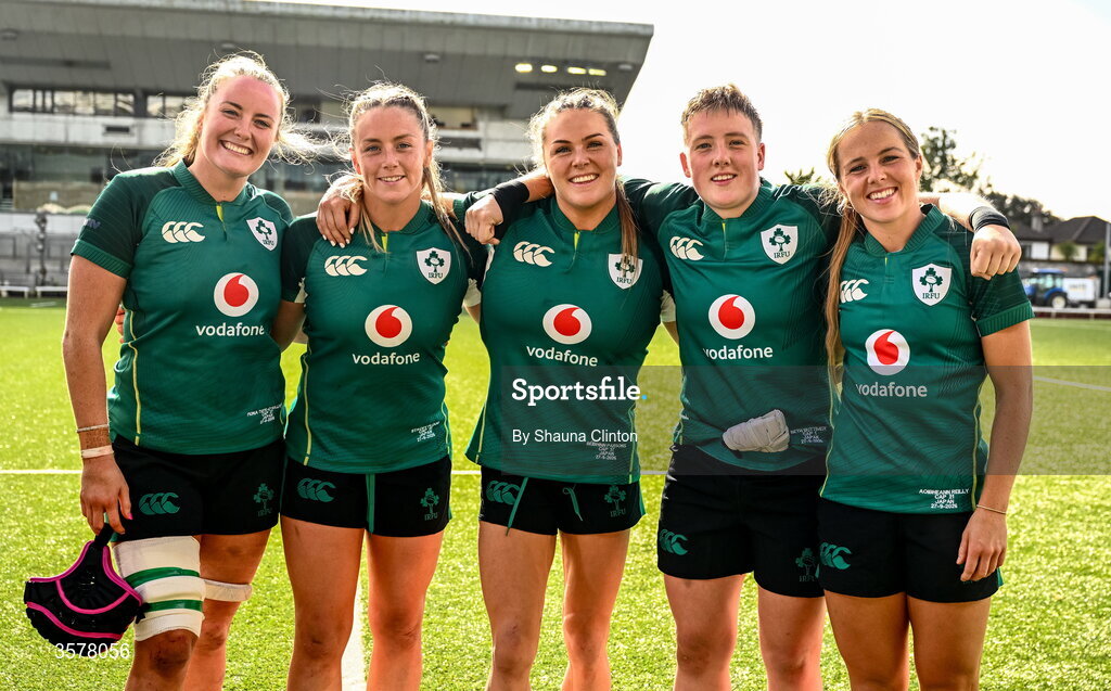 27 September 2026; Ireland players, from left, Fiona Tuite-O'Sullivan, Stacey Flood, Béibhinn Parsons, Beth Buttimer and Aoibheann Reilly after the WXV Global Series match between Ireland and Japan at Dexcom Stadium in Galway. Photo by Shauna Clinton/Sportsfile