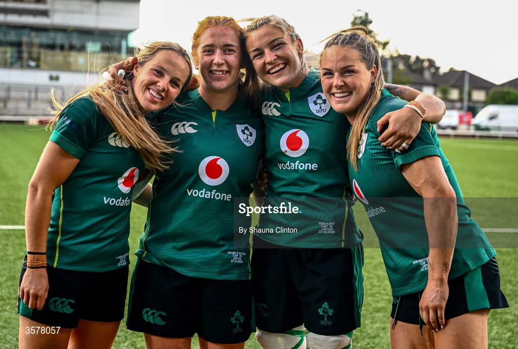 27 September 2026; Ireland players, from left, Aoibheann Reilly, Niamh O'Dowd, Erin King and Béibhinn Parsons of Ireland after the WXV Global Series match between Ireland and Japan at Dexcom Stadium in Galway. Photo by Shauna Clinton/Sportsfile