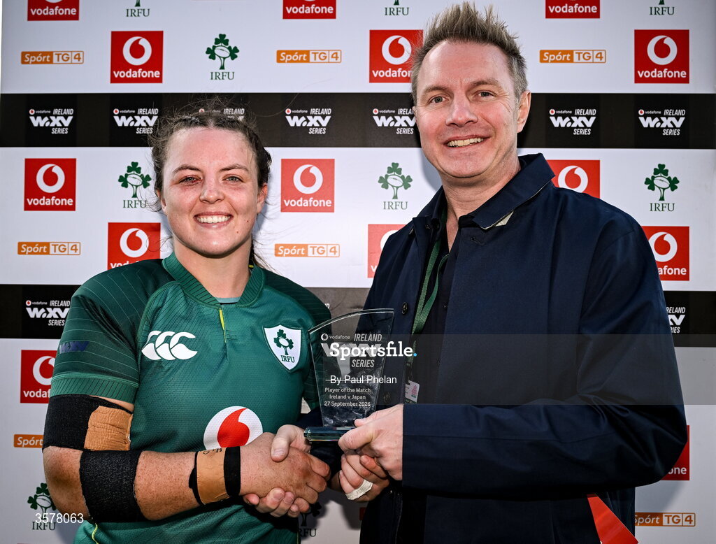 27 September 2026; Brittany Hogan of Ireland is presented with the player of the match award by Vodafone Consumer director Chris Stagg after the WXV Global Series match between Ireland and Japan at Dexcom Stadium in Galway. Photo by Paul Phelan/Sportsfile