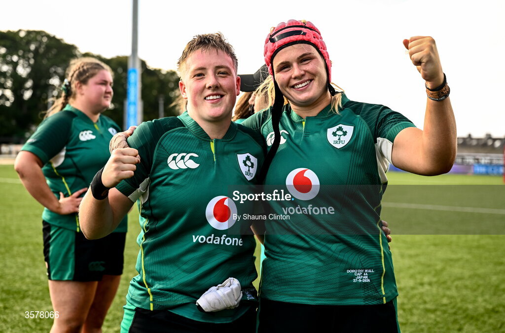 27 September 2026; Beth Buttimer, left, and Dorothy Wall of Ireland celebrate after the WXV Global Series match between Ireland and Japan at Dexcom Stadium in Galway. Photo by Shauna Clinton/Sportsfile