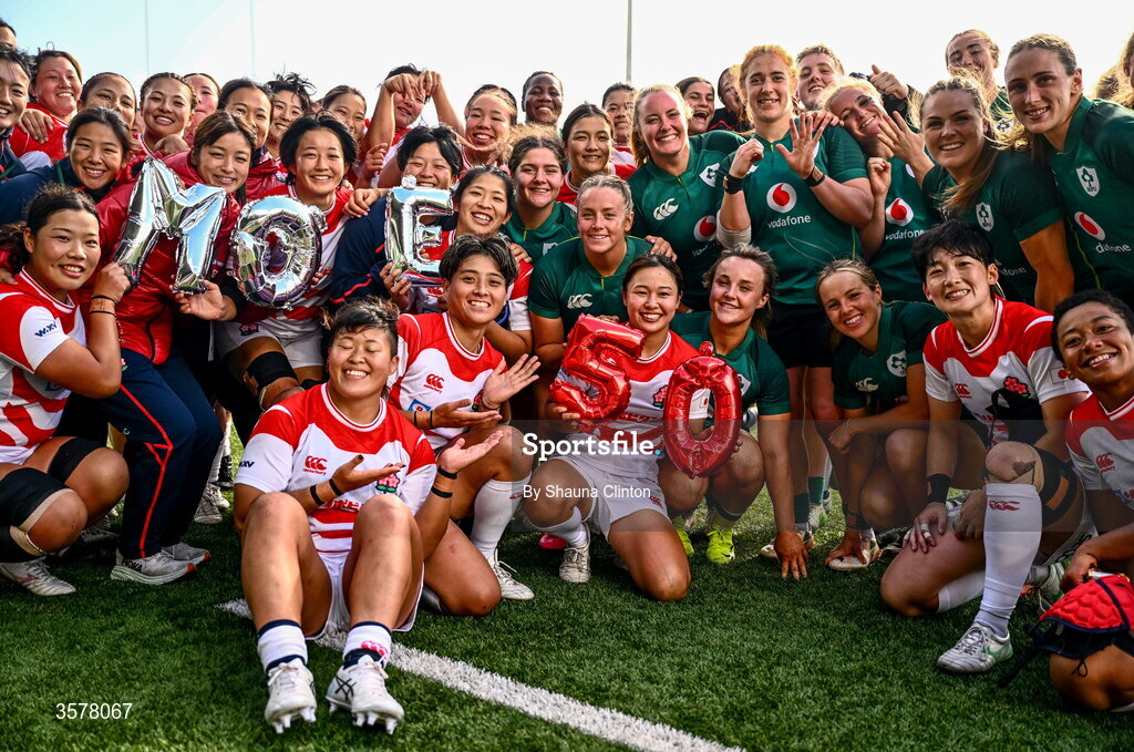 27 September 2026; Japanese and Irish players together after the WXV Global Series match between Ireland and Japan at Dexcom Stadium in Galway. Photo by Shauna Clinton/Sportsfile