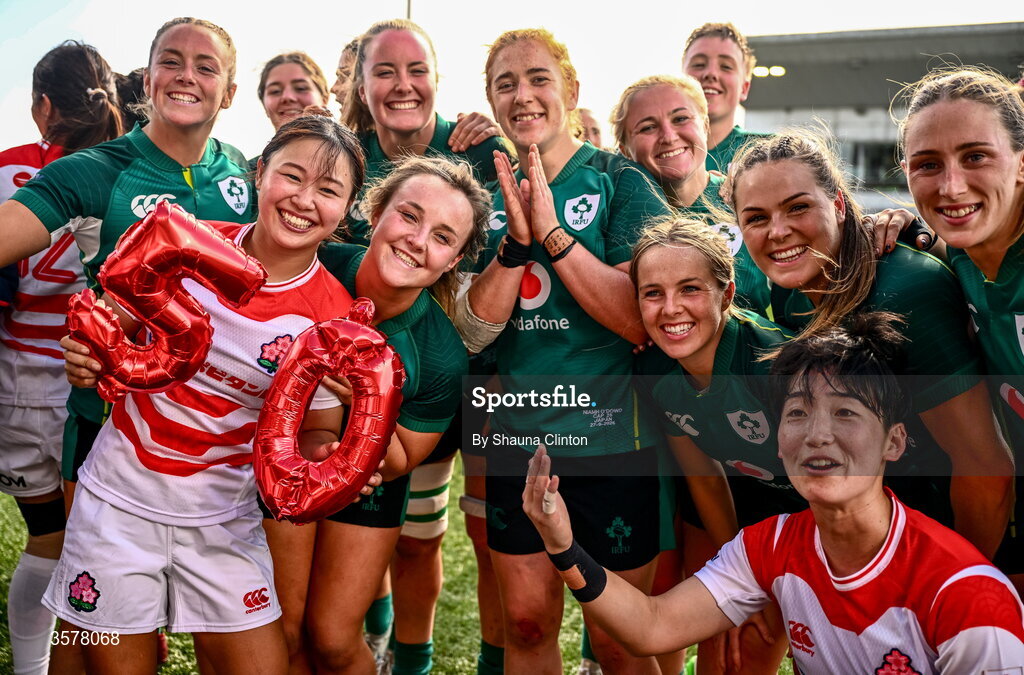 27 September 2026; Japanese and Irish players together after the WXV Global Series match between Ireland and Japan at Dexcom Stadium in Galway. Photo by Shauna Clinton/Sportsfile