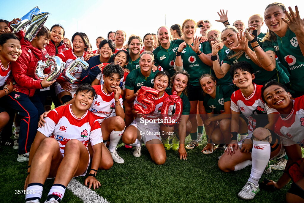 27 September 2026; Japanese and Irish players together after the WXV Global Series match between Ireland and Japan at Dexcom Stadium in Galway. Photo by Shauna Clinton/Sportsfile