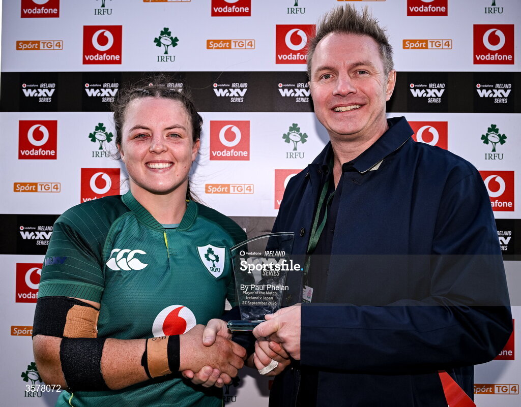 27 September 2026; Brittany Hogan of Ireland is presented with the Vodafone Player of the Match award by Vodafone Ireland consumer director Chris Stagg after the WXV Global Series match between Ireland and Japan at Dexcom Stadium in Galway. Photo by Paul Phelan/Sportsfile
