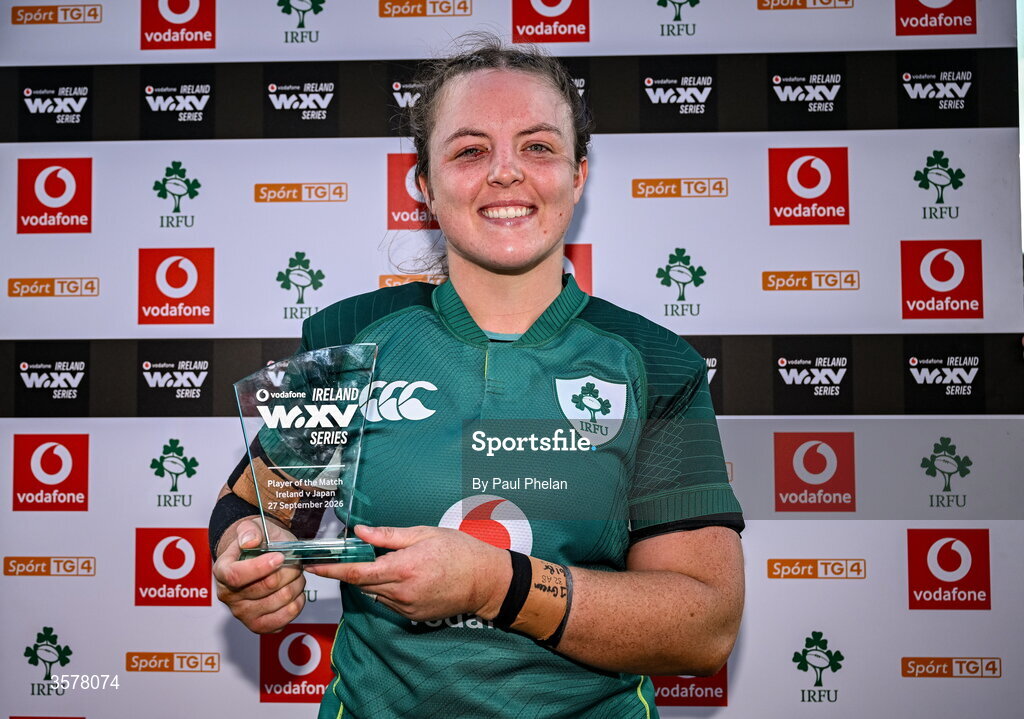 27 September 2026; Brittany Hogan of Ireland with her Vodafone Player of the Match award after the WXV Global Series match between Ireland and Japan at Dexcom Stadium in Galway. Photo by Paul Phelan/Sportsfile