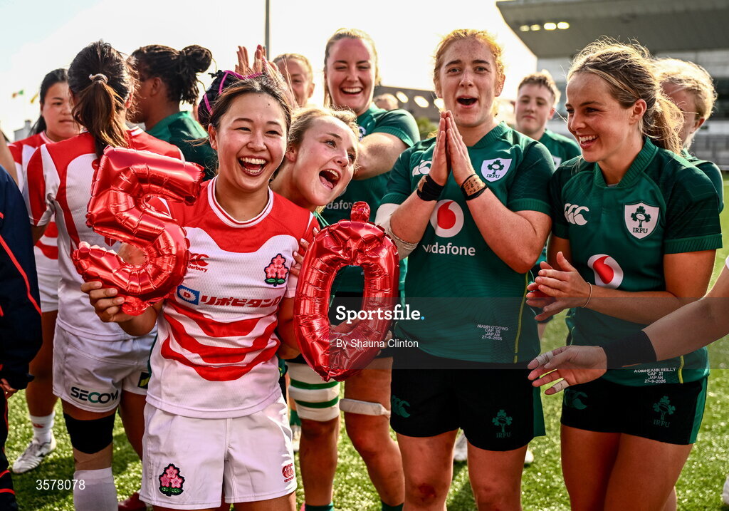 27 September 2026; Japanese and Irish players together after the WXV Global Series match between Ireland and Japan at Dexcom Stadium in Galway. Photo by Shauna Clinton/Sportsfile