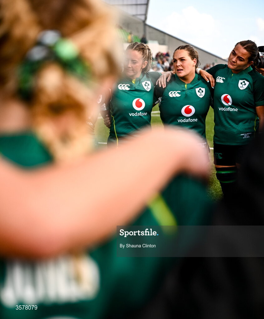 27 September 2026; Béibhinn Parsons of Ireland, centre, and teammates after the WXV Global Series match between Ireland and Japan at Dexcom Stadium in Galway. Photo by Shauna Clinton/Sportsfile