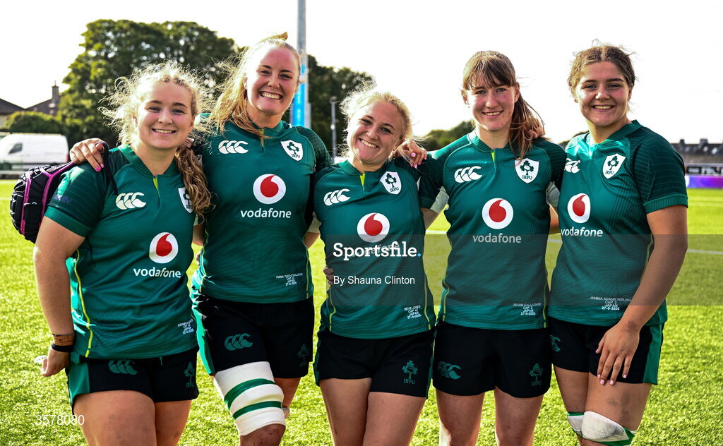 27 September 2026; Ireland players, from left, Sadhbh McGrath, Fiona Tuite-O'Sullivan, Neve Jones, Niamh Gallagher and Jemima Adams Verling after the WXV Global Series match between Ireland and Japan at Dexcom Stadium in Galway. Photo by Shauna Clinton/Sportsfile