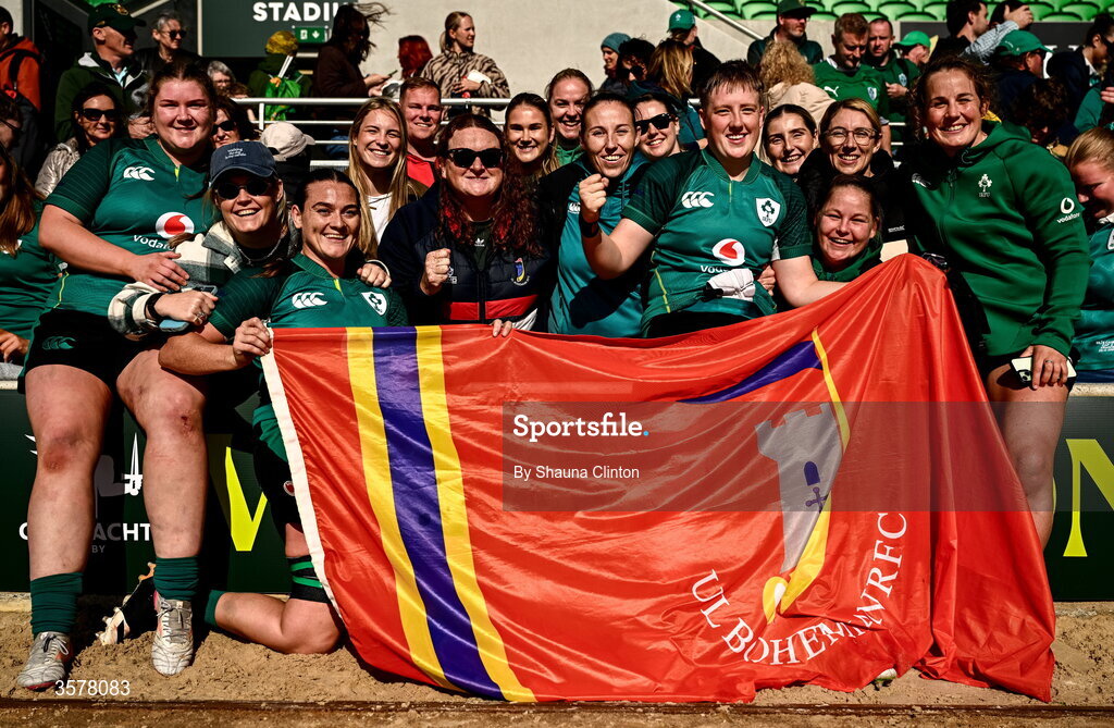 27 September 2026; Ireland players, from left, Eilís Cahill, Jane Clohessy, Beth Buttimer and Enya Breen with supporters after the WXV Global Series match between Ireland and Japan at Dexcom Stadium in Galway. Photo by Shauna Clinton/Sportsfile