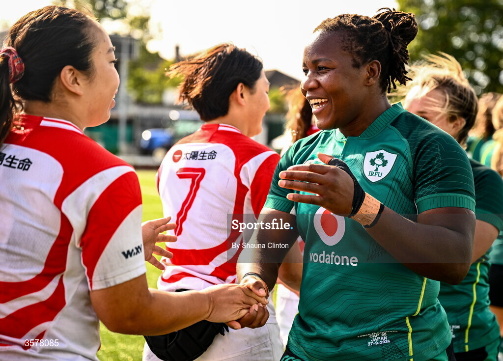 27 September 2026; Linda Djougang of Ireland, right, with Japan players after the WXV Global Series match between Ireland and Japan at Dexcom Stadium in Galway. Photo by Shauna Clinton/Sportsfile