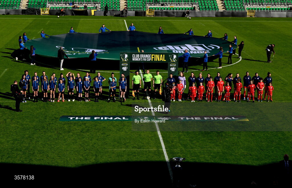 27 September 2026; Teams stand on the pitch before the 2026 Club Orange Women's FAI Cup final between Athlone Town and Shelbourne at Tallaght Stadium in Dublin. Photo by Eakin Howard/Sportsfile