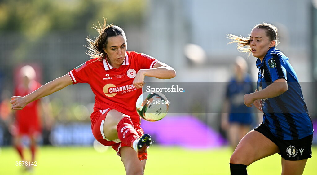 27 September 2026; Jess Gargan of Shelbourne in action against Kayleigh Shine of Athlone Town during the 2026 Club Orange Women's FAI Cup final between Athlone Town and Shelbourne at Tallaght Stadium in Dublin. Photo by Seb Daly/Sportsfile