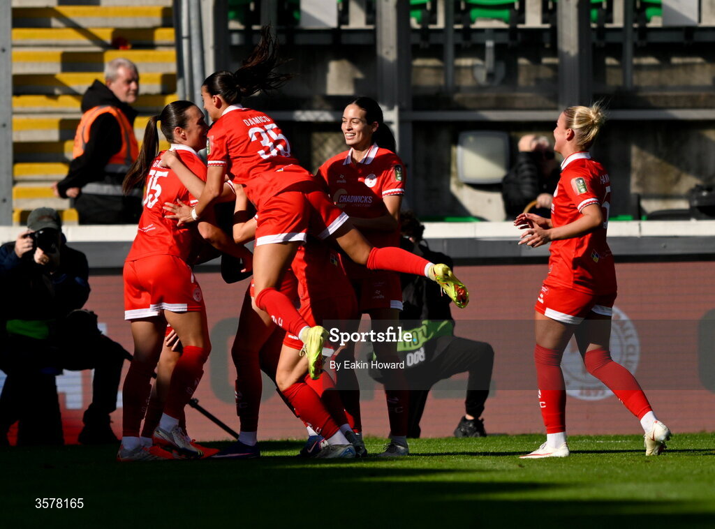 27 September 2026; Halle Harcourt of Shelbourne celebrates with team-mates after scoring her side's first goal during the 2026 Club Orange Women's FAI Cup final between Athlone Town and Shelbourne at Tallaght Stadium in Dublin. Photo by Eakin Howard/Sportsfile