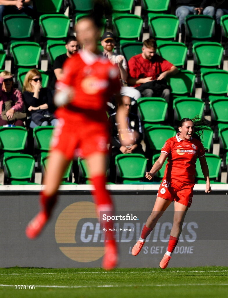 27 September 2026; Halle Harcourt of Shelbourne celebrates after scoring her side's first goal during the 2026 Club Orange Women's FAI Cup final between Athlone Town and Shelbourne at Tallaght Stadium in Dublin. Photo by Eakin Howard/Sportsfile