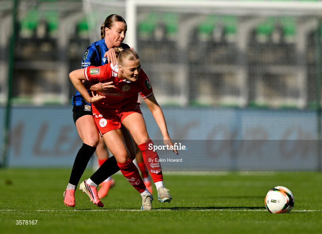27 September 2026; Alexis Strickland of Athlone Town in action against Maeve Wollmer of Shelbourne during the 2026 Club Orange Women's FAI Cup final between Athlone Town and Shelbourne at Tallaght Stadium in Dublin. Photo by Eakin Howard/Sportsfile