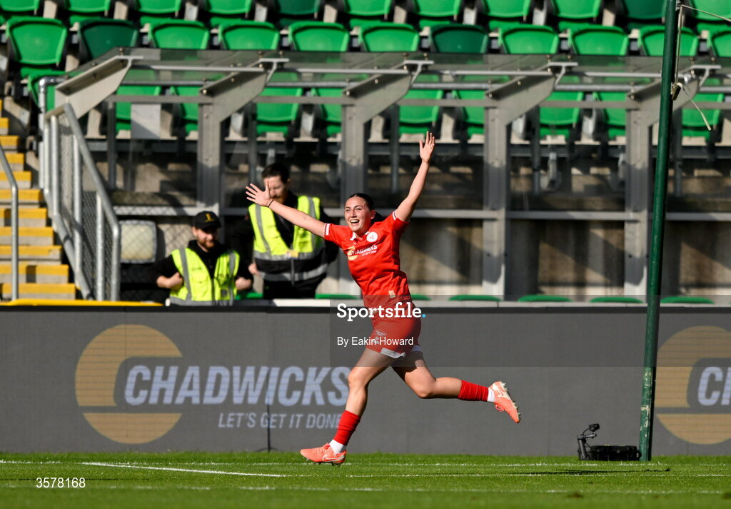 27 September 2026; Halle Harcourt of Shelbourne celebrates after scoring her side's first goal during the 2026 Club Orange Women's FAI Cup final between Athlone Town and Shelbourne at Tallaght Stadium in Dublin. Photo by Eakin Howard/Sportsfile