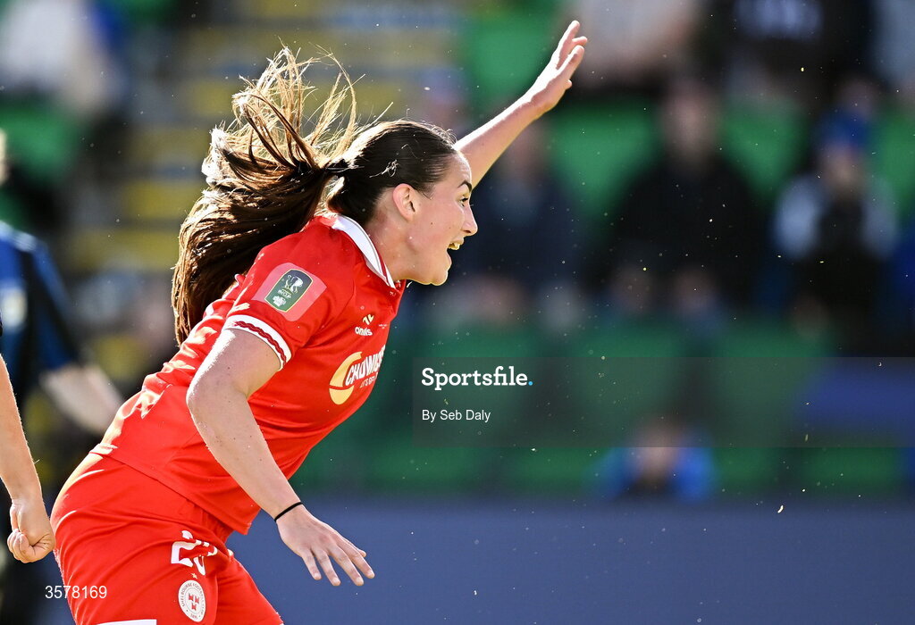 27 September 2026; Halle Harcourt of Shelbourne celebrates after scoring her side's first goal during the 2026 Club Orange Women's FAI Cup final between Athlone Town and Shelbourne at Tallaght Stadium in Dublin. Photo by Seb Daly/Sportsfile