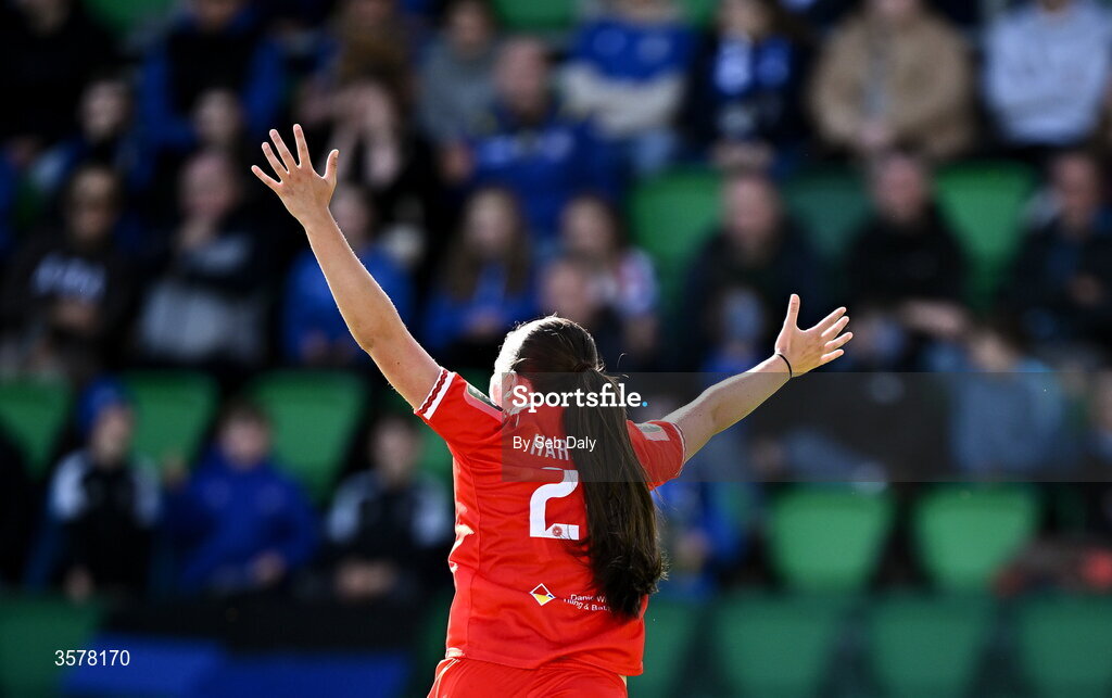27 September 2026; Halle Harcourt of Shelbourne celebrates after scoring her side's first goal during the 2026 Club Orange Women's FAI Cup final between Athlone Town and Shelbourne at Tallaght Stadium in Dublin. Photo by Seb Daly/Sportsfile