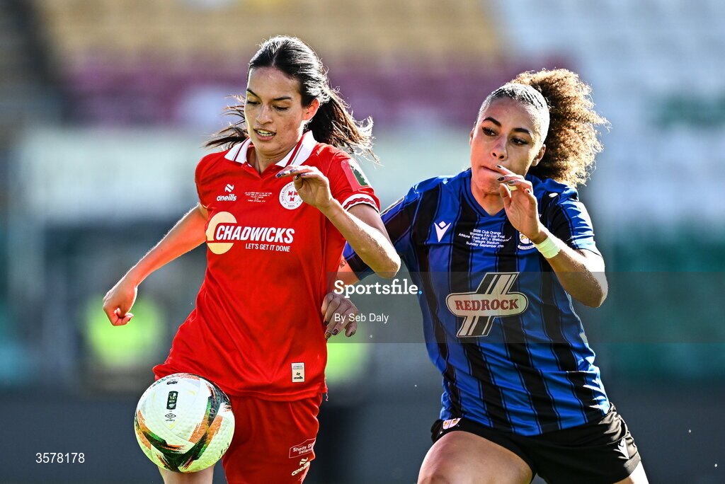27 September 2026; Isabella Flocchini of Shelbourne in action against Kelis Barton of Athlone Town during the 2026 Club Orange Women's FAI Cup final between Athlone Town and Shelbourne at Tallaght Stadium in Dublin. Photo by Seb Daly/Sportsfile