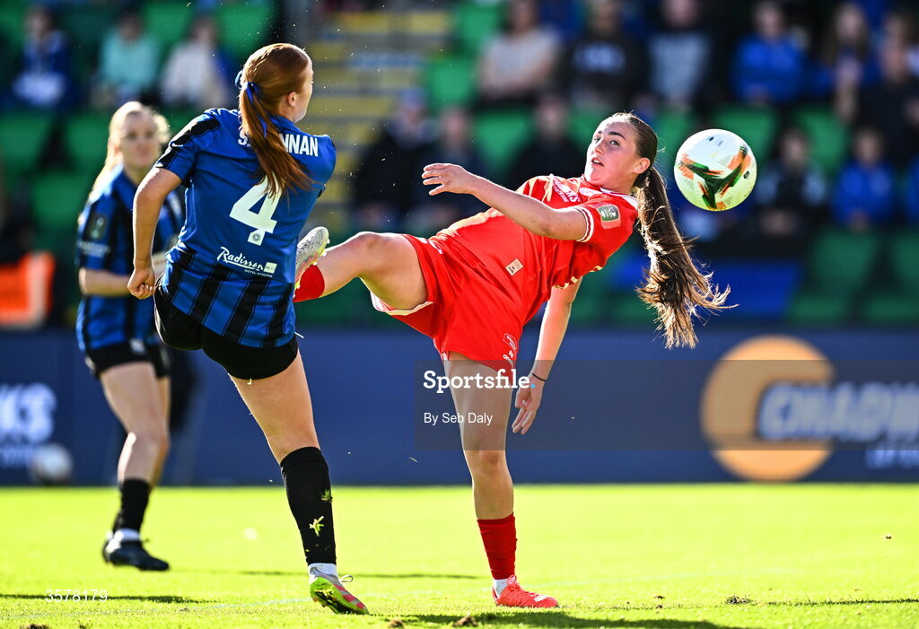 27 September 2026; Halle Harcourt of Shelbourne scores her side's first goal during the 2026 Club Orange Women's FAI Cup final between Athlone Town and Shelbourne at Tallaght Stadium in Dublin. Photo by Seb Daly/Sportsfile