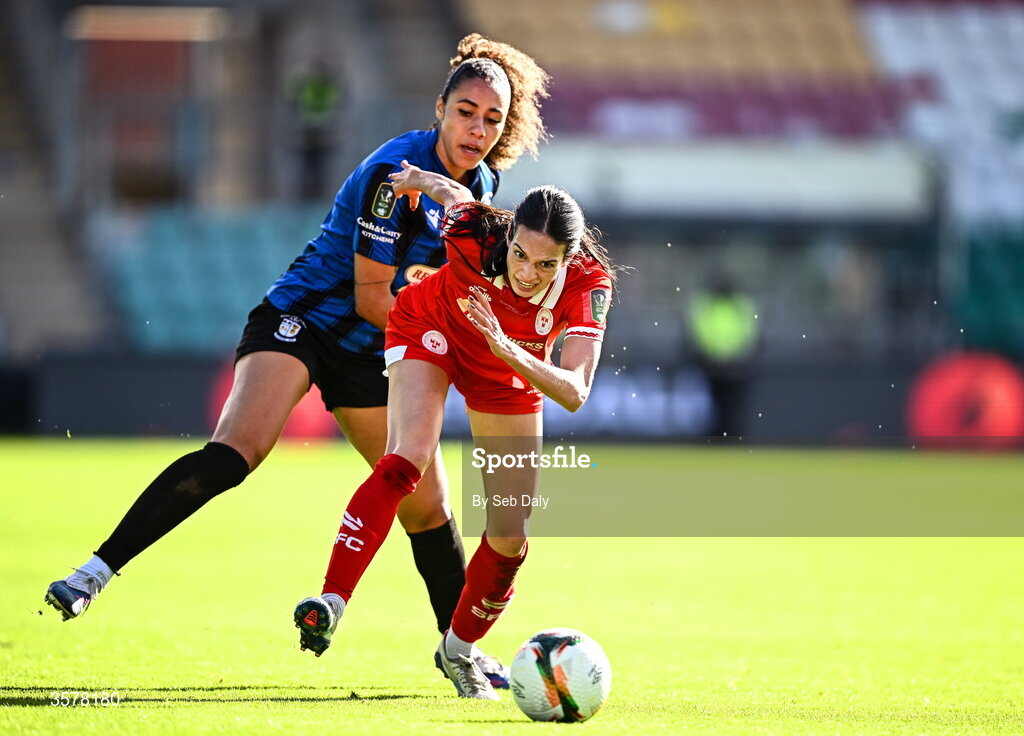 27 September 2026; Isabella Flocchini of Shelbourne in action against Kelis Barton of Athlone Town during the 2026 Club Orange Women's FAI Cup final between Athlone Town and Shelbourne at Tallaght Stadium in Dublin. Photo by Seb Daly/Sportsfile