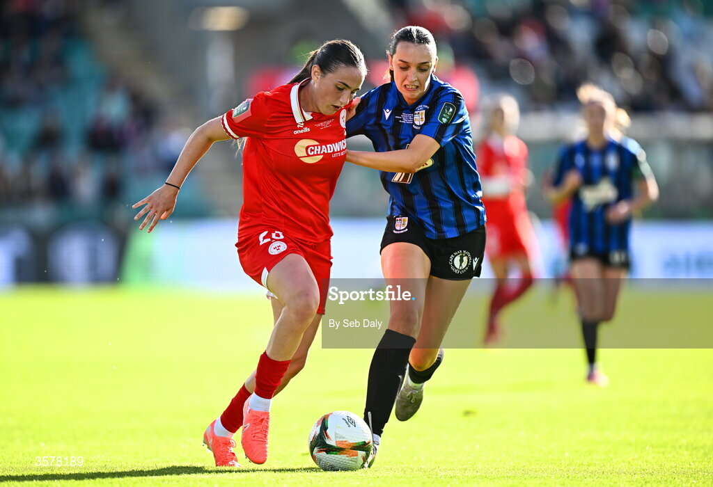 27 September 2026; Halle Harcourt of Shelbourne in action against Kayleigh Shine of Athlone Town during the 2026 Club Orange Women's FAI Cup final between Athlone Town and Shelbourne at Tallaght Stadium in Dublin. Photo by Seb Daly/Sportsfile
