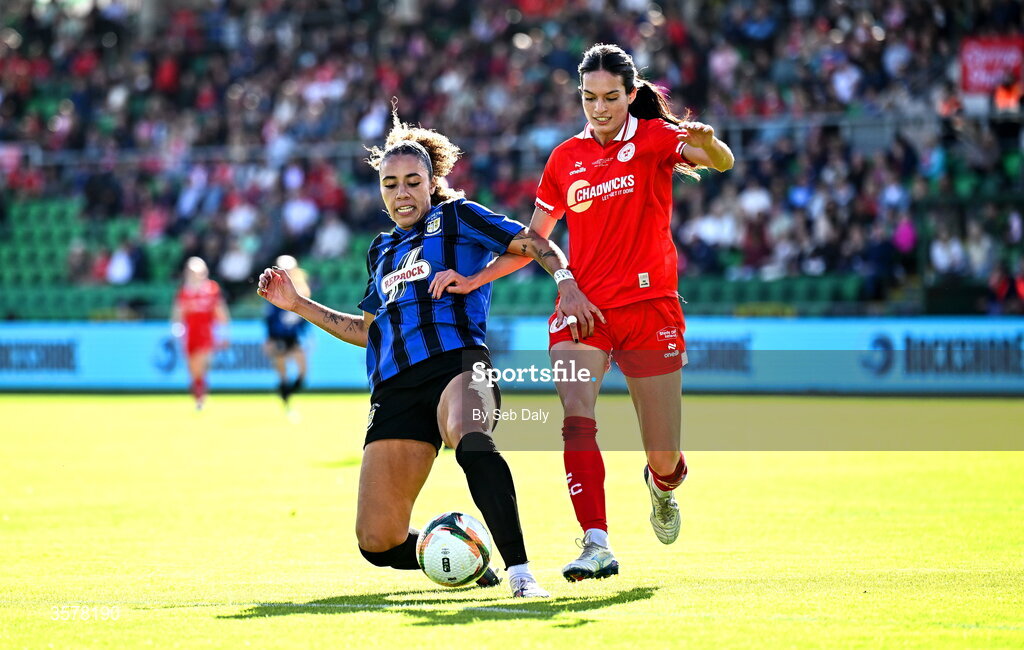 27 September 2026; Kelis Barton of Athlone Town in action against Isabella Flocchini of Shelbourne during the 2026 Club Orange Women's FAI Cup final between Athlone Town and Shelbourne at Tallaght Stadium in Dublin. Photo by Seb Daly/Sportsfile