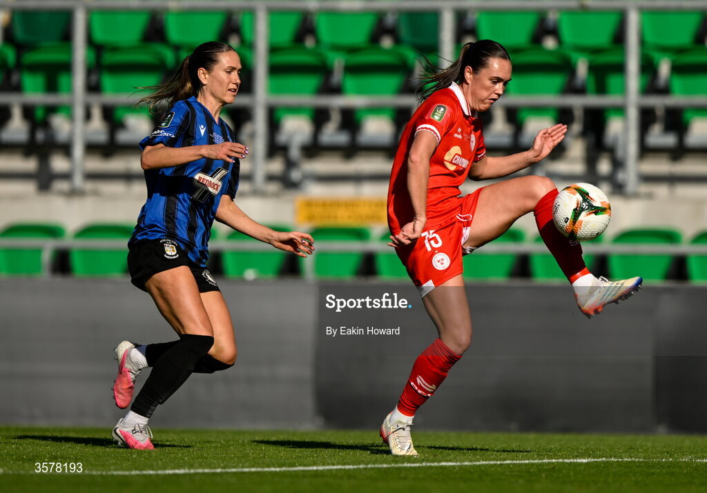 27 September 2026; Jess Gargan of Shelbourne in action against Madie Gibson of Athlone Town during the 2026 Club Orange Women's FAI Cup final between Athlone Town and Shelbourne at Tallaght Stadium in Dublin. Photo by Eakin Howard/Sportsfile