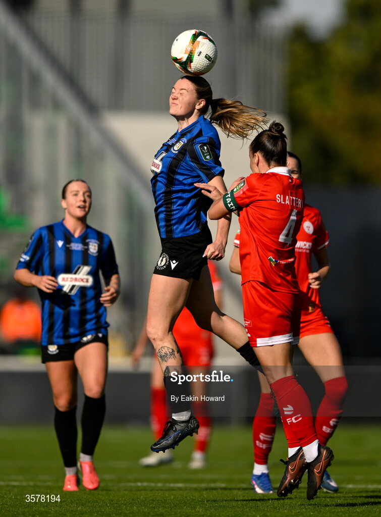 27 September 2026; Dana Scheriff of Athlone Town in action against Pearl Slattery of Shelbourne during the 2026 Club Orange Women's FAI Cup final between Athlone Town and Shelbourne at Tallaght Stadium in Dublin. Photo by Eakin Howard/Sportsfile