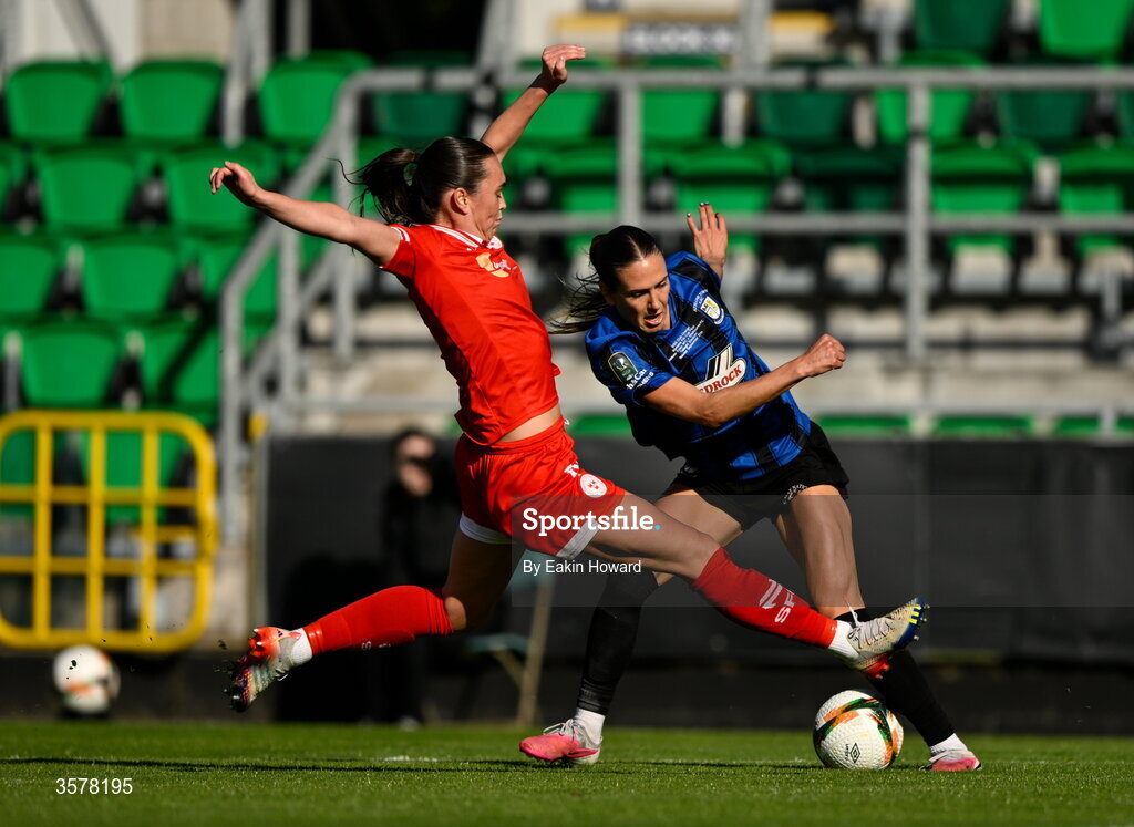 27 September 2026; Madie Gibson of Athlone Town in action against Jess Gargan of Shelbourne during the 2026 Club Orange Women's FAI Cup final between Athlone Town and Shelbourne at Tallaght Stadium in Dublin. Photo by Eakin Howard/Sportsfile