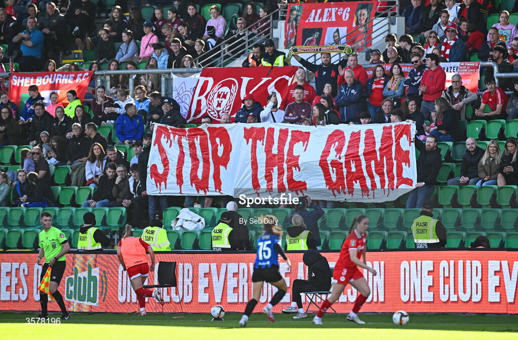 27 September 2026; Shelbourne supporters hold up a banner during the 2026 Club Orange Women's FAI Cup final between Athlone Town and Shelbourne at Tallaght Stadium in Dublin. Photo by Seb Daly/Sportsfile