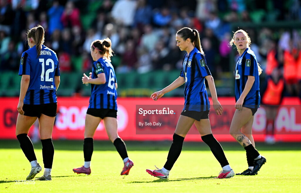 27 September 2026; Madie Gibson of Athlone Town and teammates after their side conceded a second goal during the 2026 Club Orange Women's FAI Cup final between Athlone Town and Shelbourne at Tallaght Stadium in Dublin. Photo by Seb Daly/Sportsfile
