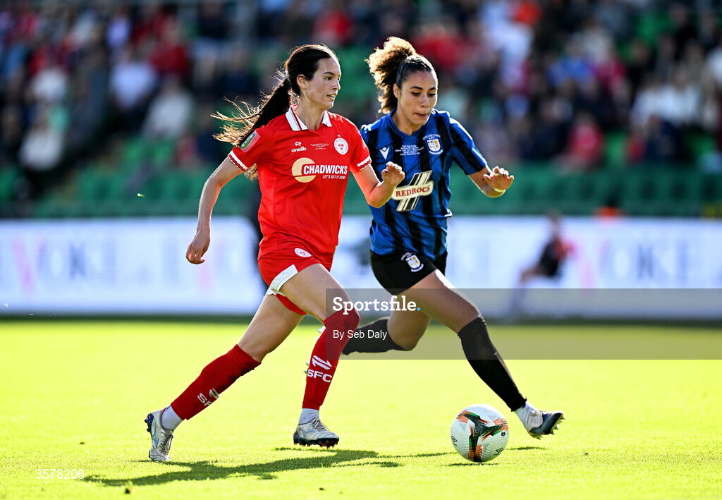 27 September 2026; Isabella Flocchini of Shelbourne in action against Kelis Barton of Athlone Town during the 2026 Club Orange Women's FAI Cup final between Athlone Town and Shelbourne at Tallaght Stadium in Dublin. Photo by Seb Daly/Sportsfile