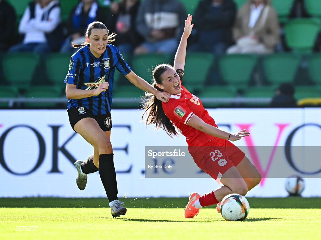 27 September 2026; Halle Harcourt of Shelbourne is fouled by Kayleigh Shine of Athlone Town during the 2026 Club Orange Women's FAI Cup final between Athlone Town and Shelbourne at Tallaght Stadium in Dublin. Photo by Seb Daly/Sportsfile
