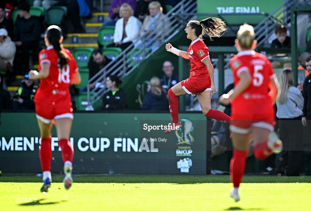 27 September 2026; Alex Kavanagh of Shelbourne celebrates after scoring her side's second goal during the 2026 Club Orange Women's FAI Cup final between Athlone Town and Shelbourne at Tallaght Stadium in Dublin. Photo by Seb Daly/Sportsfile