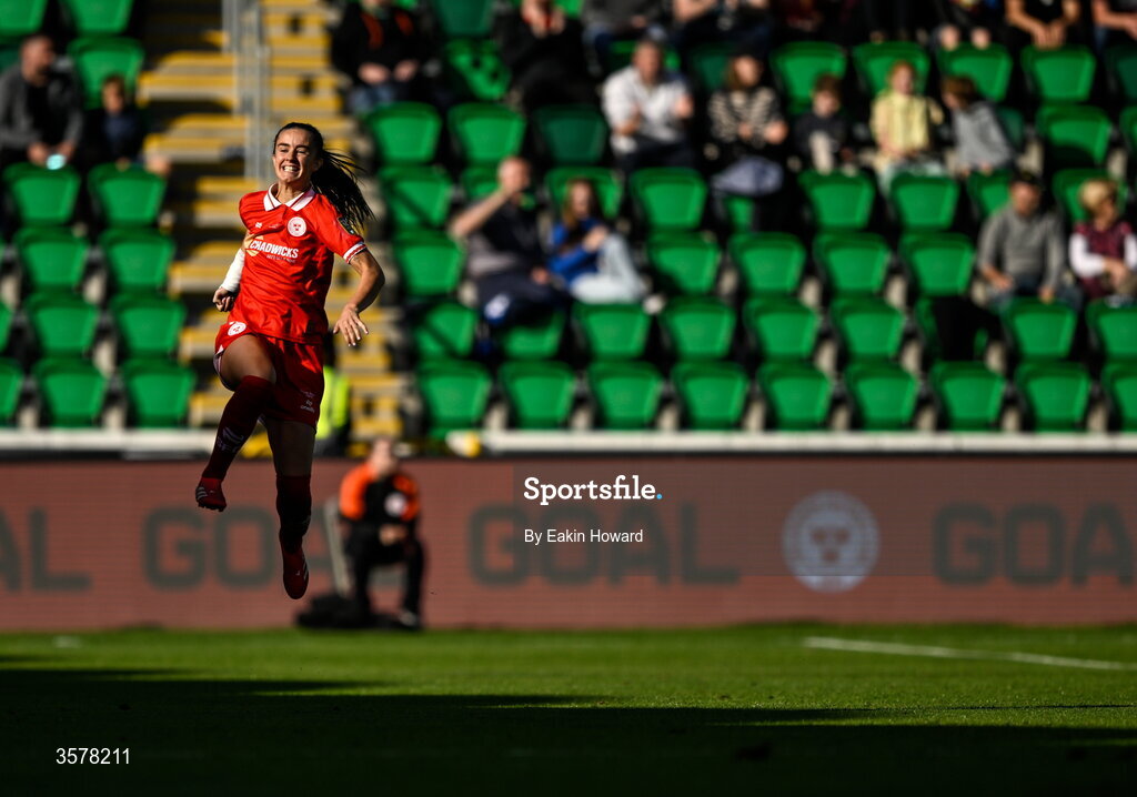 27 September 2026; Alex Kavanagh of Shelbourne celebrates after scoring her side's second goal during the 2026 Club Orange Women's FAI Cup final between Athlone Town and Shelbourne at Tallaght Stadium in Dublin. Photo by Eakin Howard/Sportsfile