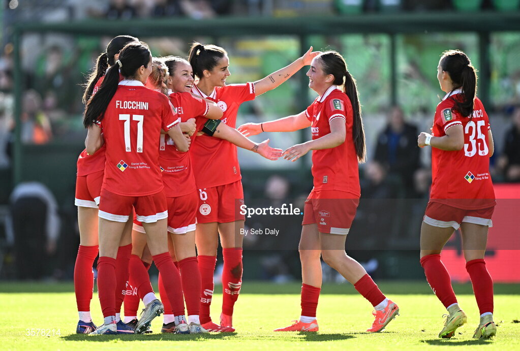 27 September 2026; Shelbourne players celebrates their side's third goal, scored by Maeve Wollmer, hidden, during the 2026 Club Orange Women's FAI Cup final between Athlone Town and Shelbourne at Tallaght Stadium in Dublin. Photo by Seb Daly/Sportsfile