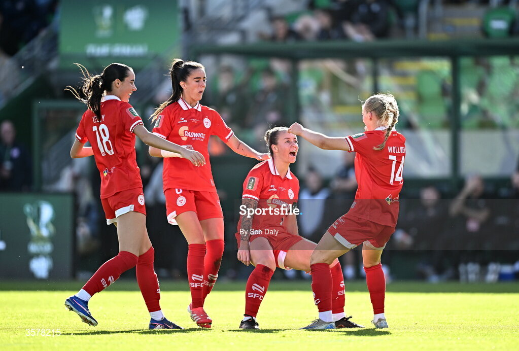 27 September 2026; Maeve Wollmer of Shelbourne, right, celebrates with teammates after scoring their side's third goal during the 2026 Club Orange Women's FAI Cup final between Athlone Town and Shelbourne at Tallaght Stadium in Dublin. Photo by Seb Daly/Sportsfile