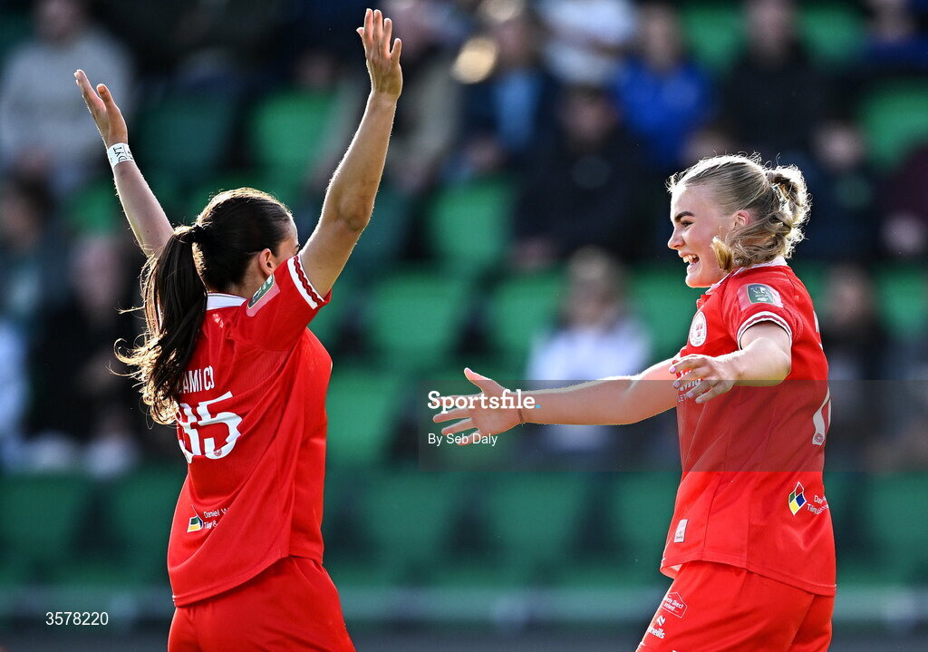 27 September 2026; Maeve Wollmer of Shelbourne, right, celebrates with teammate Olivia Damico after scoring their side's third goal during the 2026 Club Orange Women's FAI Cup final between Athlone Town and Shelbourne at Tallaght Stadium in Dublin. Photo by Seb Daly/Sportsfile