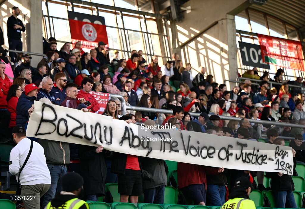 27 September 2026; Supporters hold up a sign during the 2026 Club Orange Women's FAI Cup final between Athlone Town and Shelbourne at Tallaght Stadium in Dublin. Photo by Eakin Howard/Sportsfile