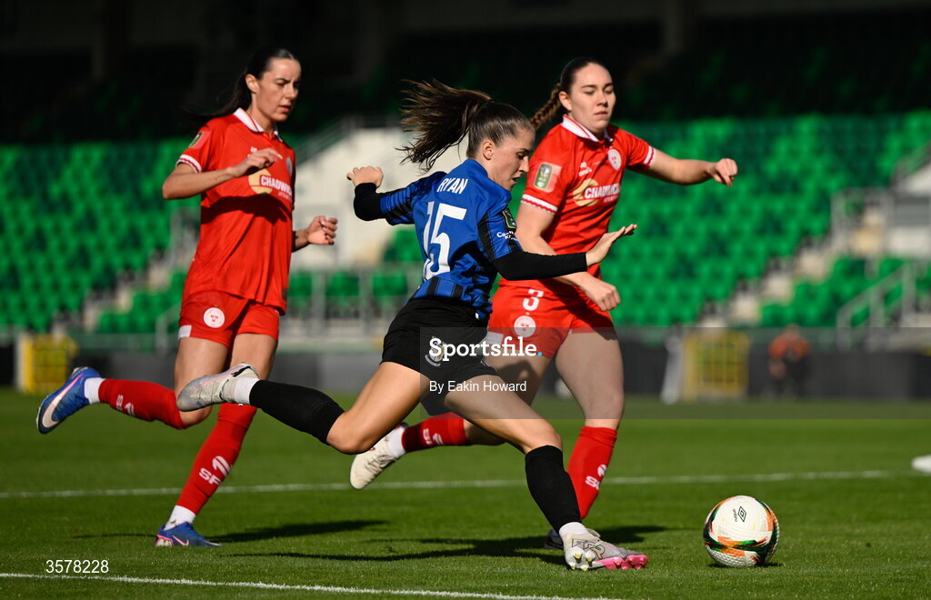 27 September 2026; Isabel Ryan of Athlone Town in action against Leah Doyle of Shelbourne during the 2026 Club Orange Women's FAI Cup final between Athlone Town and Shelbourne at Tallaght Stadium in Dublin. Photo by Eakin Howard/Sportsfile