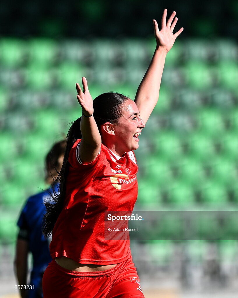 27 September 2026; Halle Harcourt of Shelbourne celebrates after scoring her side's first goal during the 2026 Club Orange Women's FAI Cup final between Athlone Town and Shelbourne at Tallaght Stadium in Dublin. Adam Russell/Sportsfile