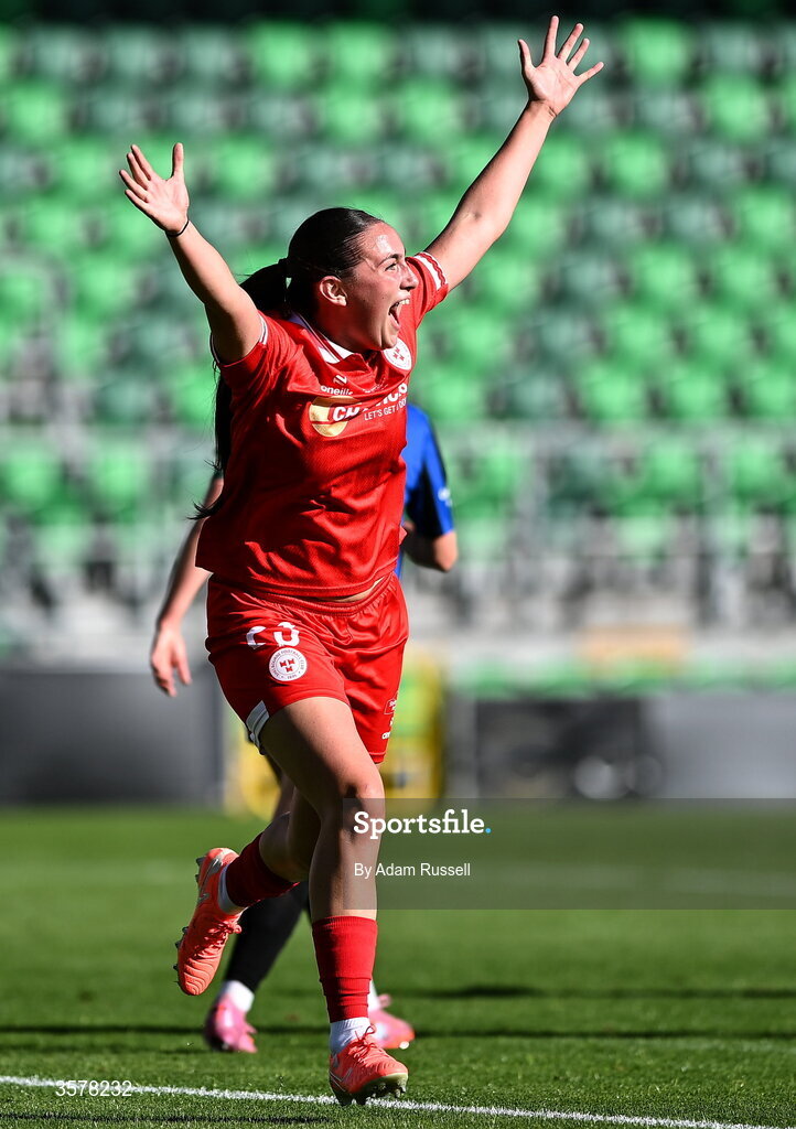 27 September 2026; Halle Harcourt of Shelbourne celebrates after scoring her side's first goal during the 2026 Club Orange Women's FAI Cup final between Athlone Town and Shelbourne at Tallaght Stadium in Dublin. Adam Russell/Sportsfile