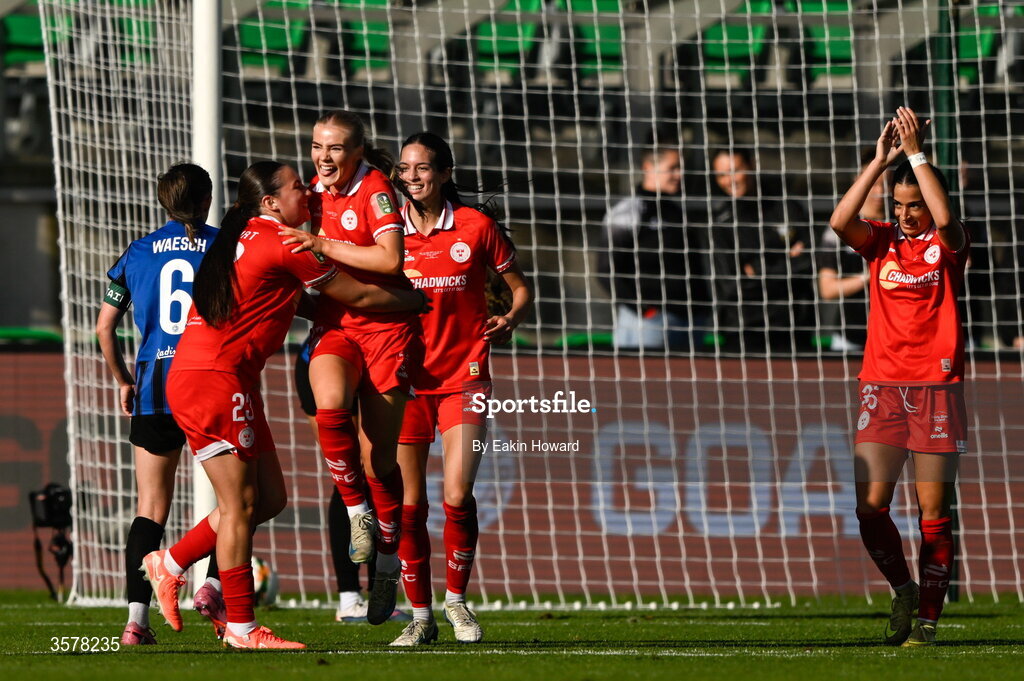 27 September 2026; Maeve Wollmer of Shelbourne celebrates after scoring her side's third goal with team-mates during the 2026 Club Orange Women's FAI Cup final between Athlone Town and Shelbourne at Tallaght Stadium in Dublin. Photo by Eakin Howard/Sportsfile